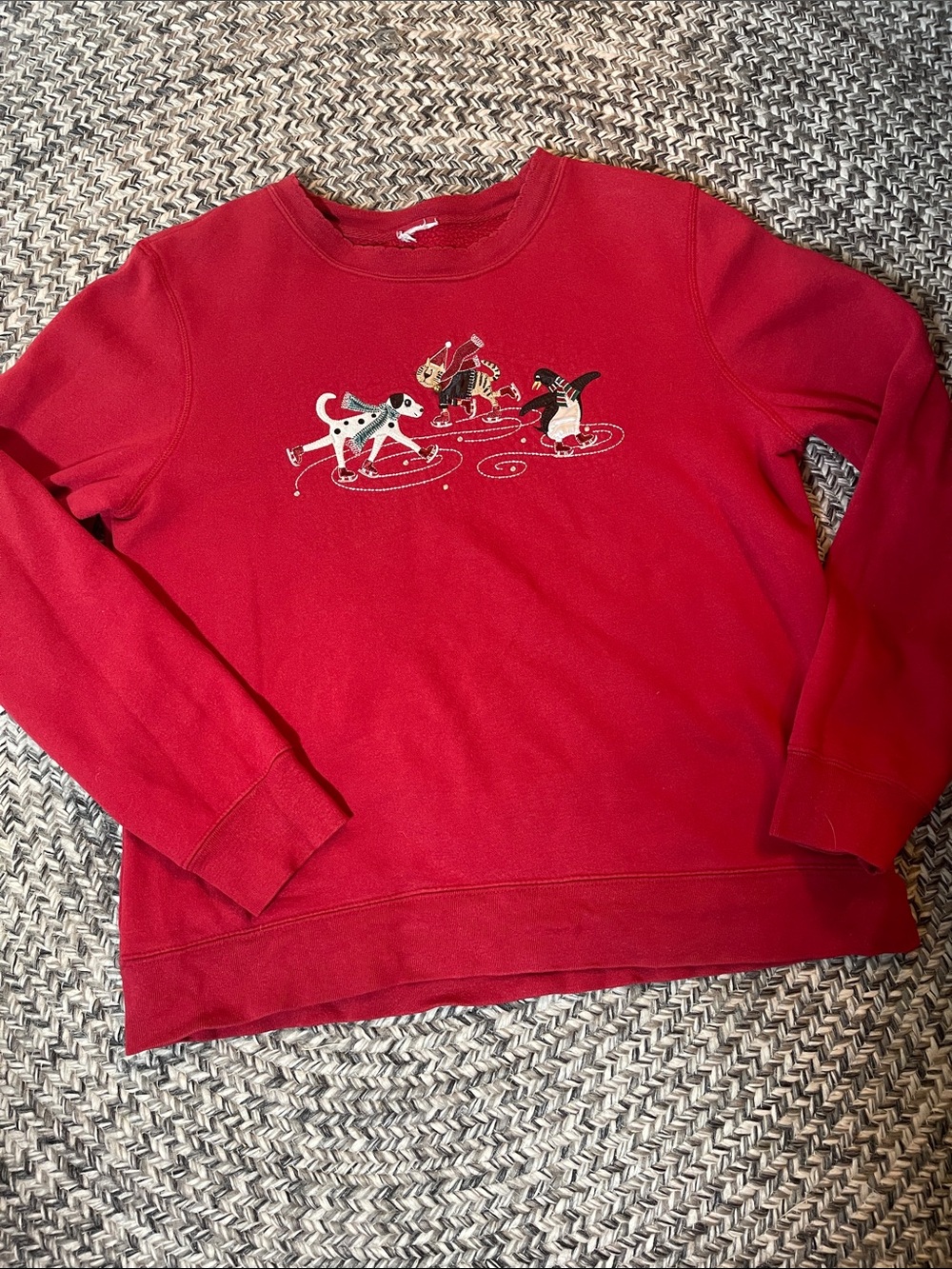 Cozy Red Crewneck Sweater with Skating Dog Embroidery